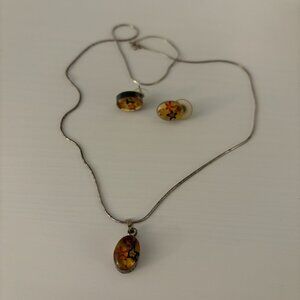 Vintage 925 MYG Mexico Silver Pressed Flower Pedant & Earring Set